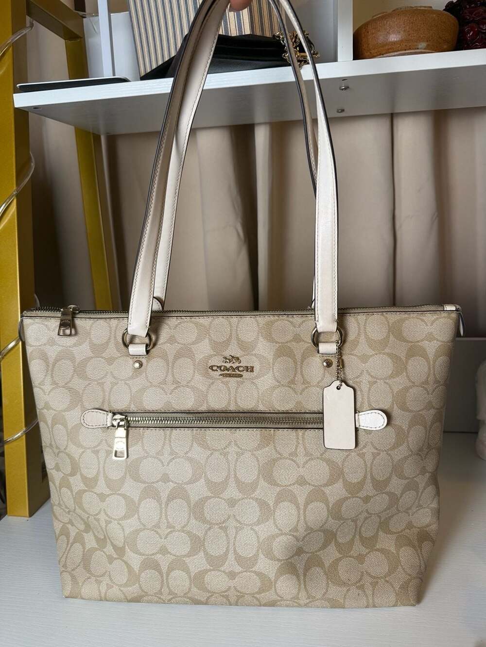Coach Signature Zip Top Tote Bag Khaki Chalk White